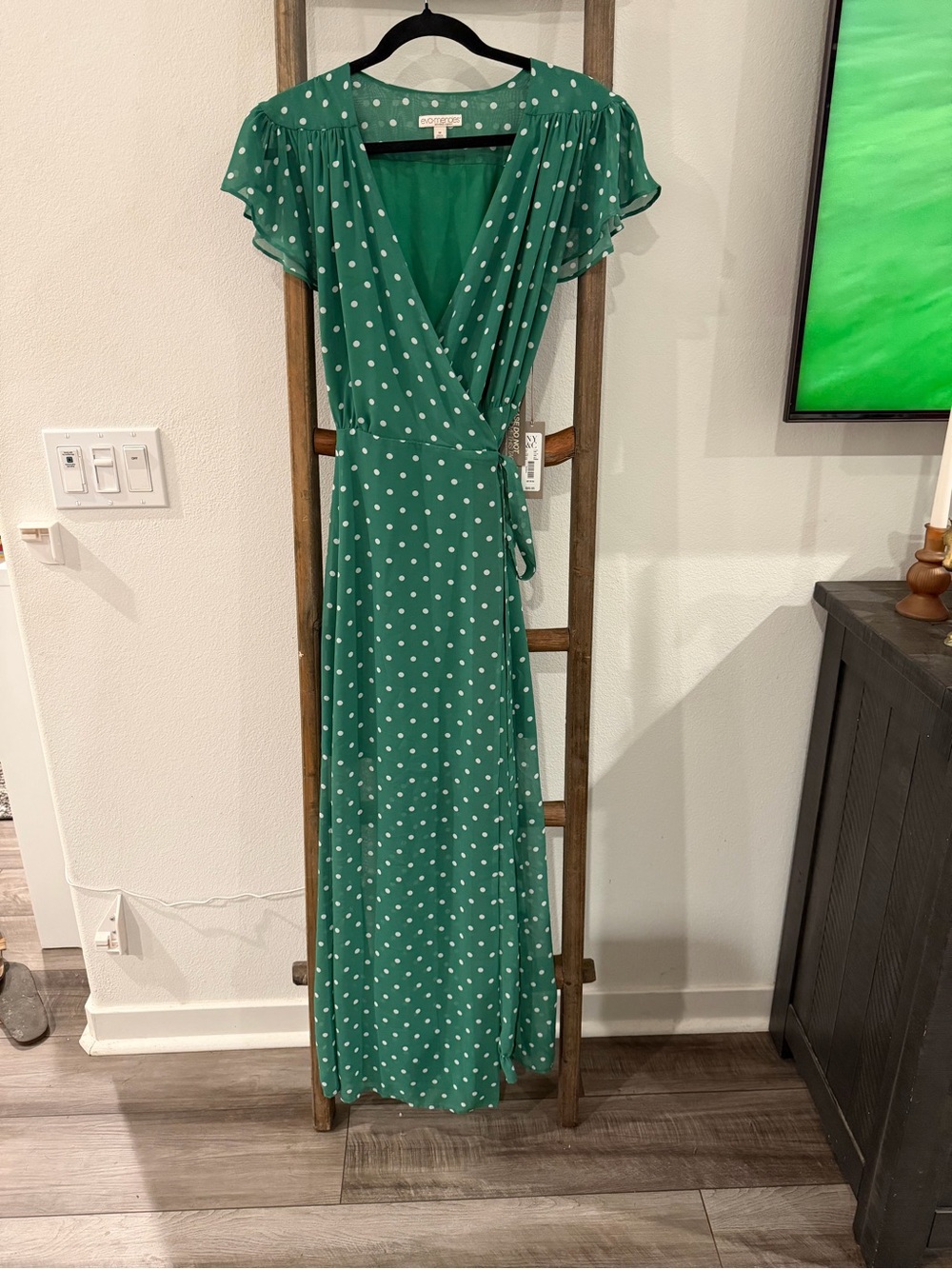New York & Company Green Polka Dot Wrap Maxi Dress